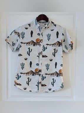 Men's Desert Cactus Print Short-Sleeve Button-Down Shirt - Teal, White